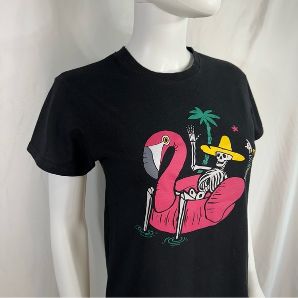 Brisco Brands Black Skeleton on Flamingo Float Short Sleeve Tee - Picture 7 of 7